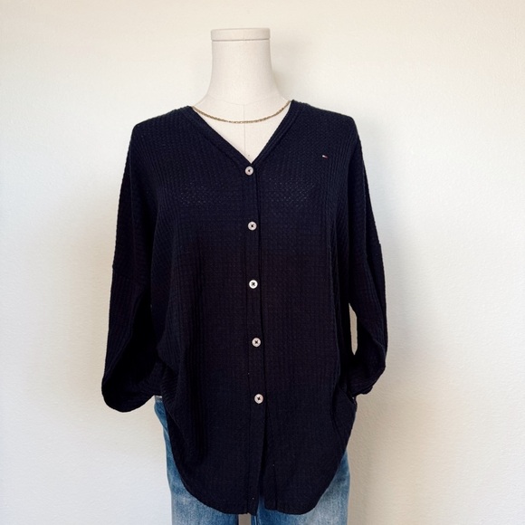 Tommy Hilfiger Women’s Waffle Knit Lightweight Tie Front Blue Cardigan Size M - Picture 6 of 6